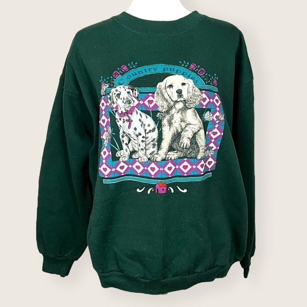 Vintage Cotton Grove Designs "Country Puppies" Green Sweater with Two Puppies